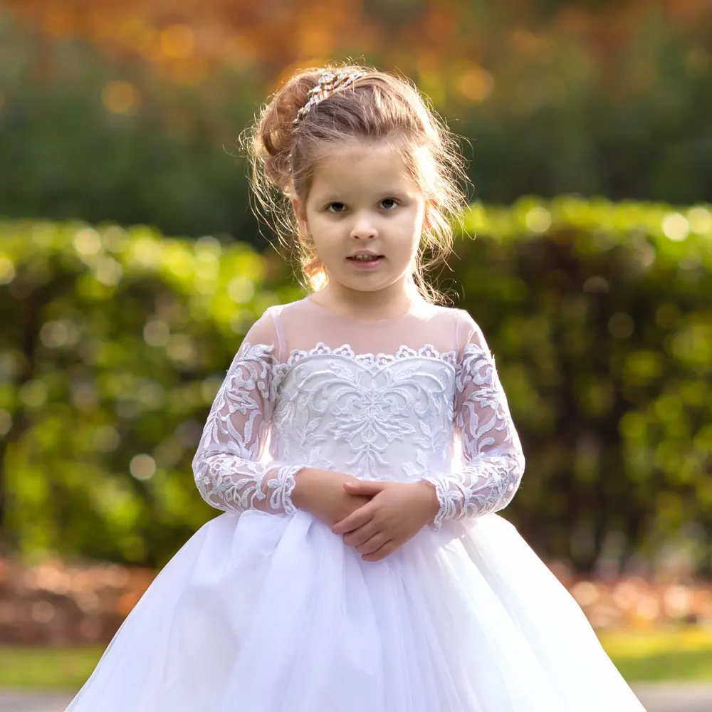 MisShow Train Flower Girls Dresses Floral Lace Long Sleeve O-Neck Illusion Bow Back Princess Dress Kids Wedding Party Ball Gowns