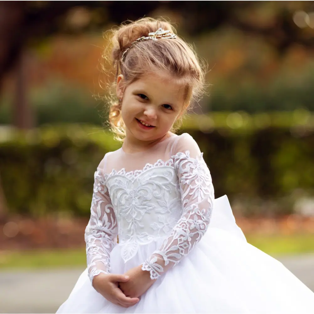 MisShow Train Flower Girls Dresses Floral Lace Long Sleeve O-Neck Illusion Bow Back Princess Dress Kids Wedding Party Ball Gowns