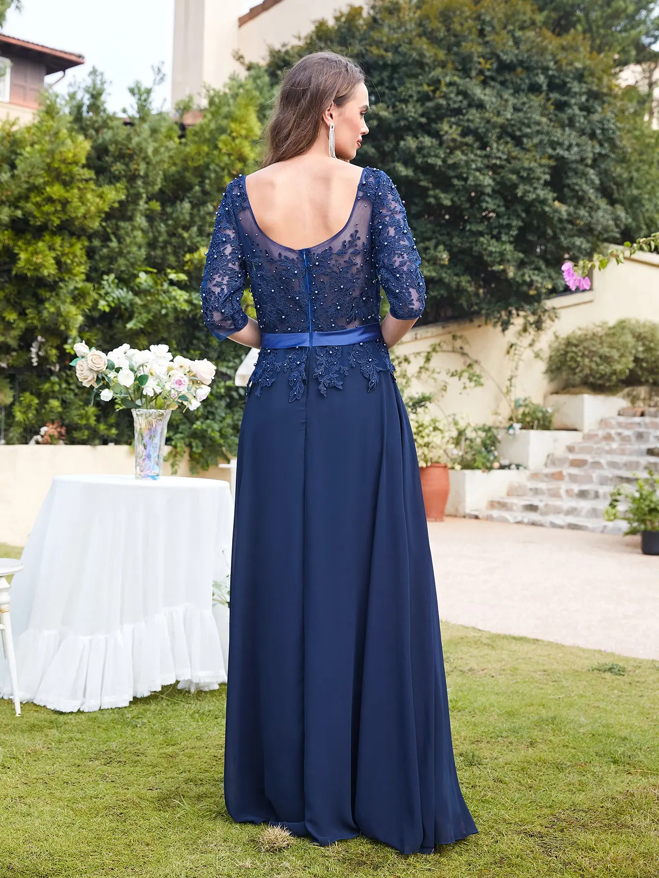 Chiffon Lace Pearls Evening Dresses Appliques 3/4 Sleeves With Satin Sashes Formal Wedding Party Prom Gowns For Bride Vestidos