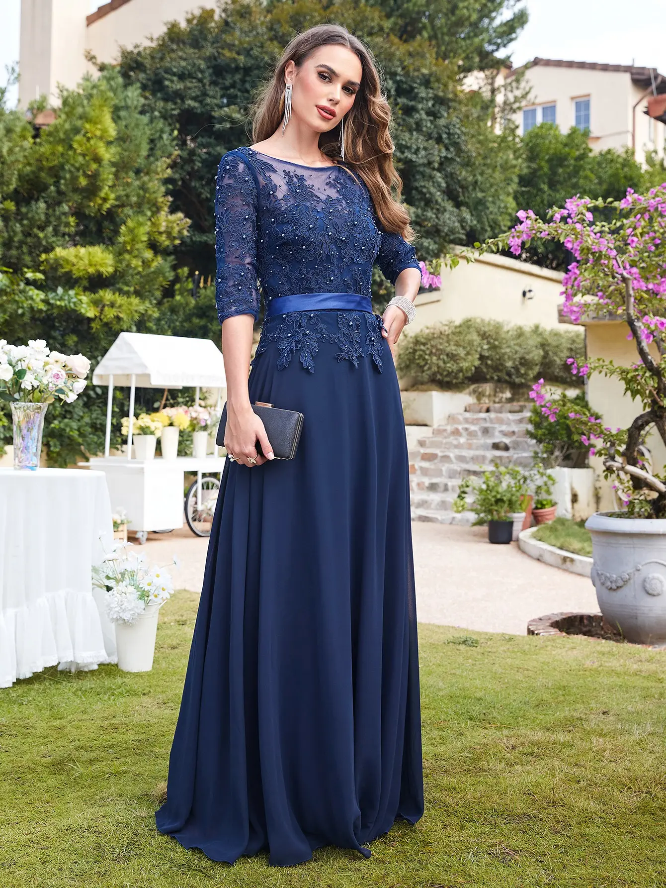 Chiffon Lace Pearls Evening Dresses Appliques 3/4 Sleeves With Satin Sashes Formal Wedding Party Prom Gowns For Bride Vestidos