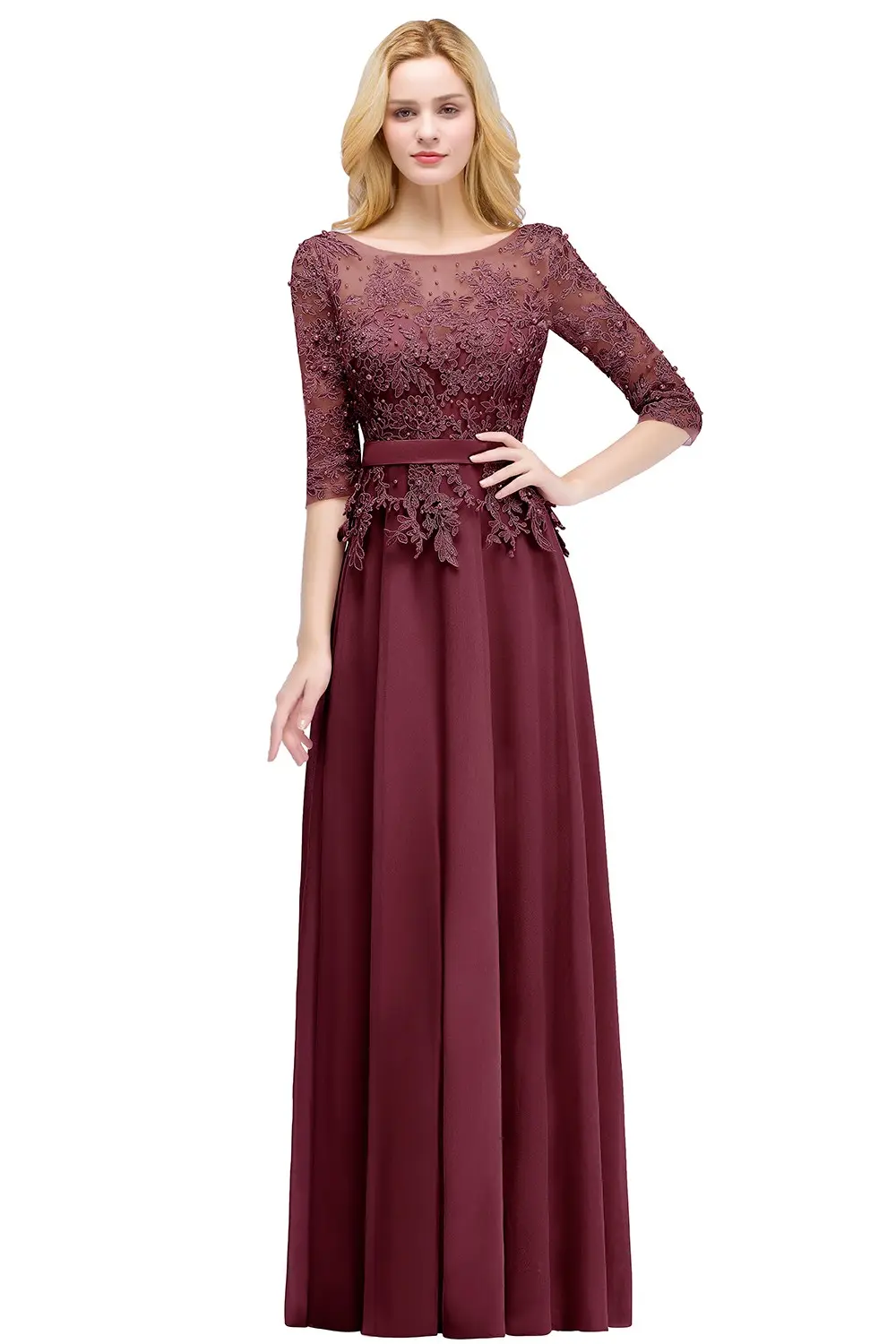 Chiffon Lace Pearls Evening Dresses Appliques 3/4 Sleeves With Satin Sashes Formal Wedding Party Prom Gowns For Bride Vestidos