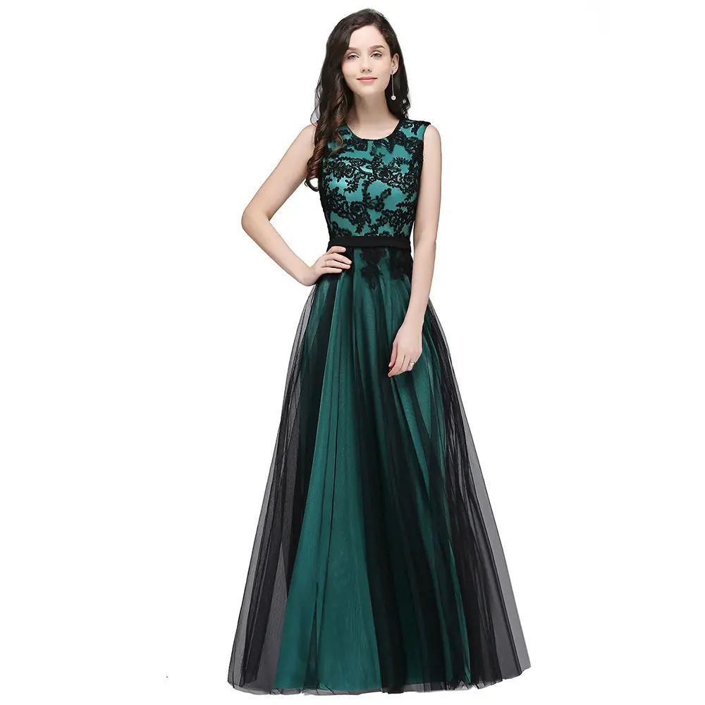 Elegant Crew Neck Lace Evening Dresses Tulle Appliques Sleeveless Illusion Long A Line Formal Party Prom Gowns Vestido De Festa