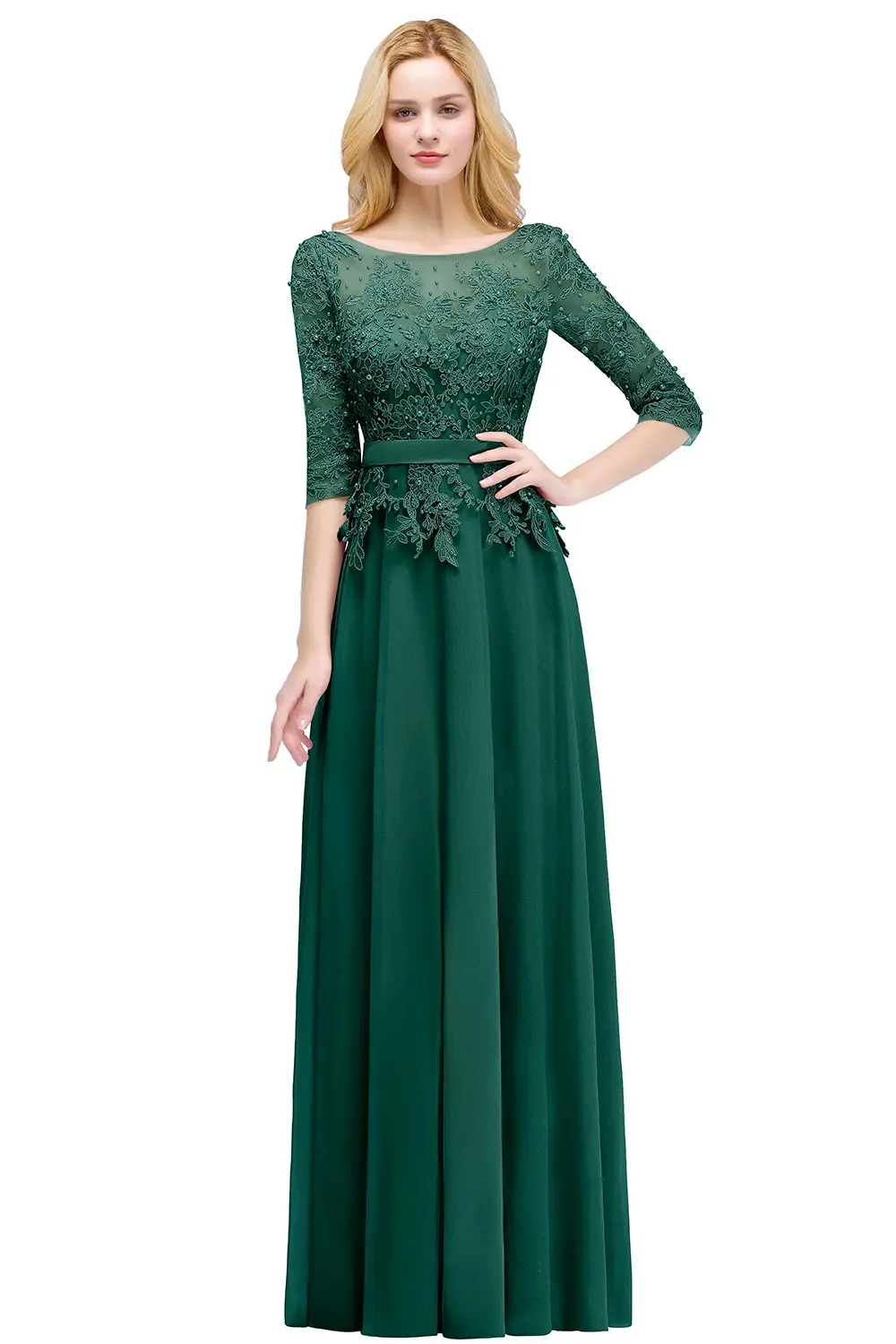 Chiffon Lace Pearls Evening Dresses Appliques 3/4 Sleeves With Satin Sashes Formal Wedding Party Prom Gowns For Bride Vestidos