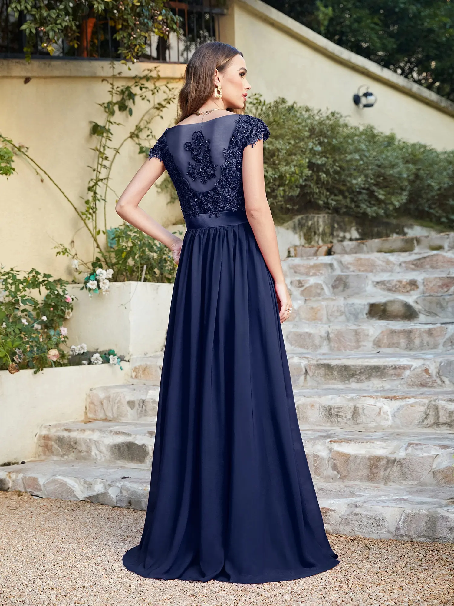 Chiffon Lace Bridesm Dresses Appliques Sequin With Sashes Wedding Floral Sexy Sleeveless Back Hollow Evening Party Prom Gowns