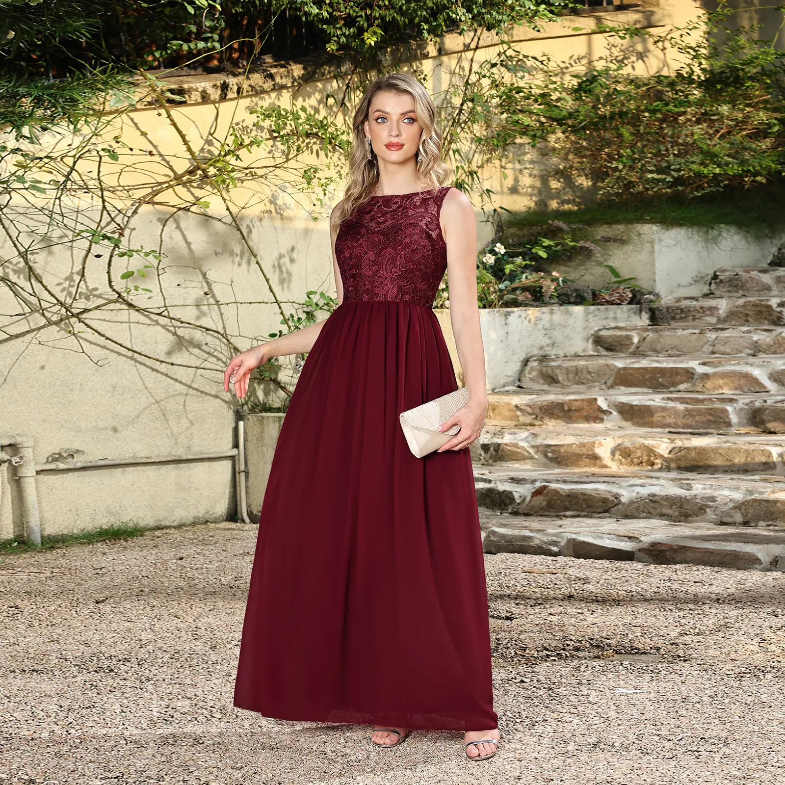MisShow Burgundy Lace Evening Dresses O-Neck Sleeveless Sheer Back Prom Dress Chiffon A-Line Pleated Waist Floor-Length Vestidos