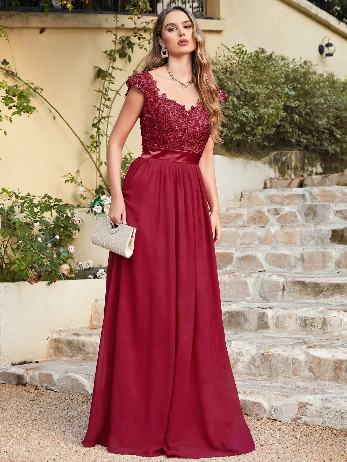 Chiffon Lace Bridesm Dresses Appliques Sequin With Sashes Wedding Floral Sexy Sleeveless Back Hollow Evening Party Prom Gowns