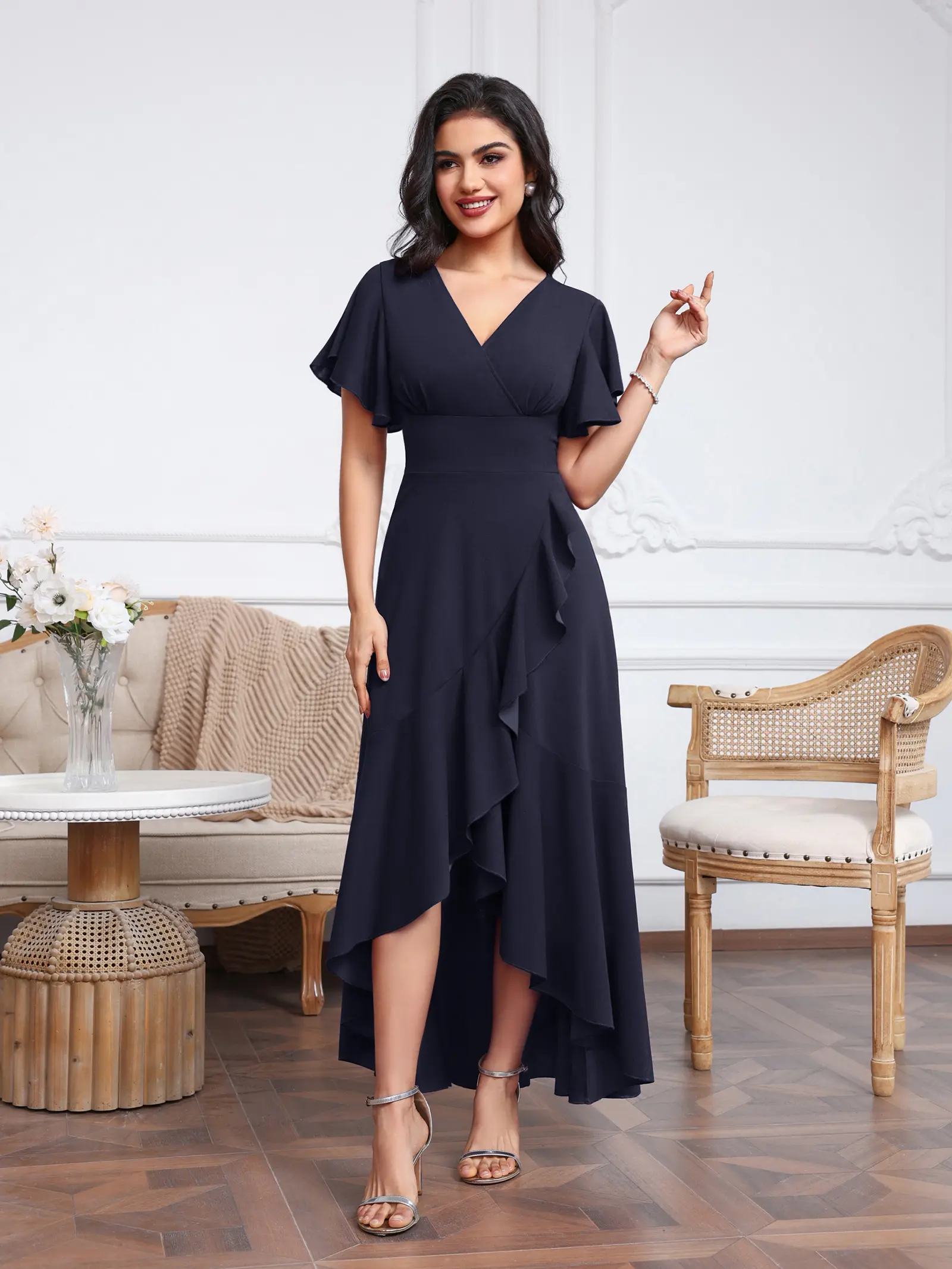 MisShow High-Low Evening Dresses Solid Color Cross V-Neck Ruffles Short Sleeve Prom Dress Asymmetry High Split Formal Party Gown
