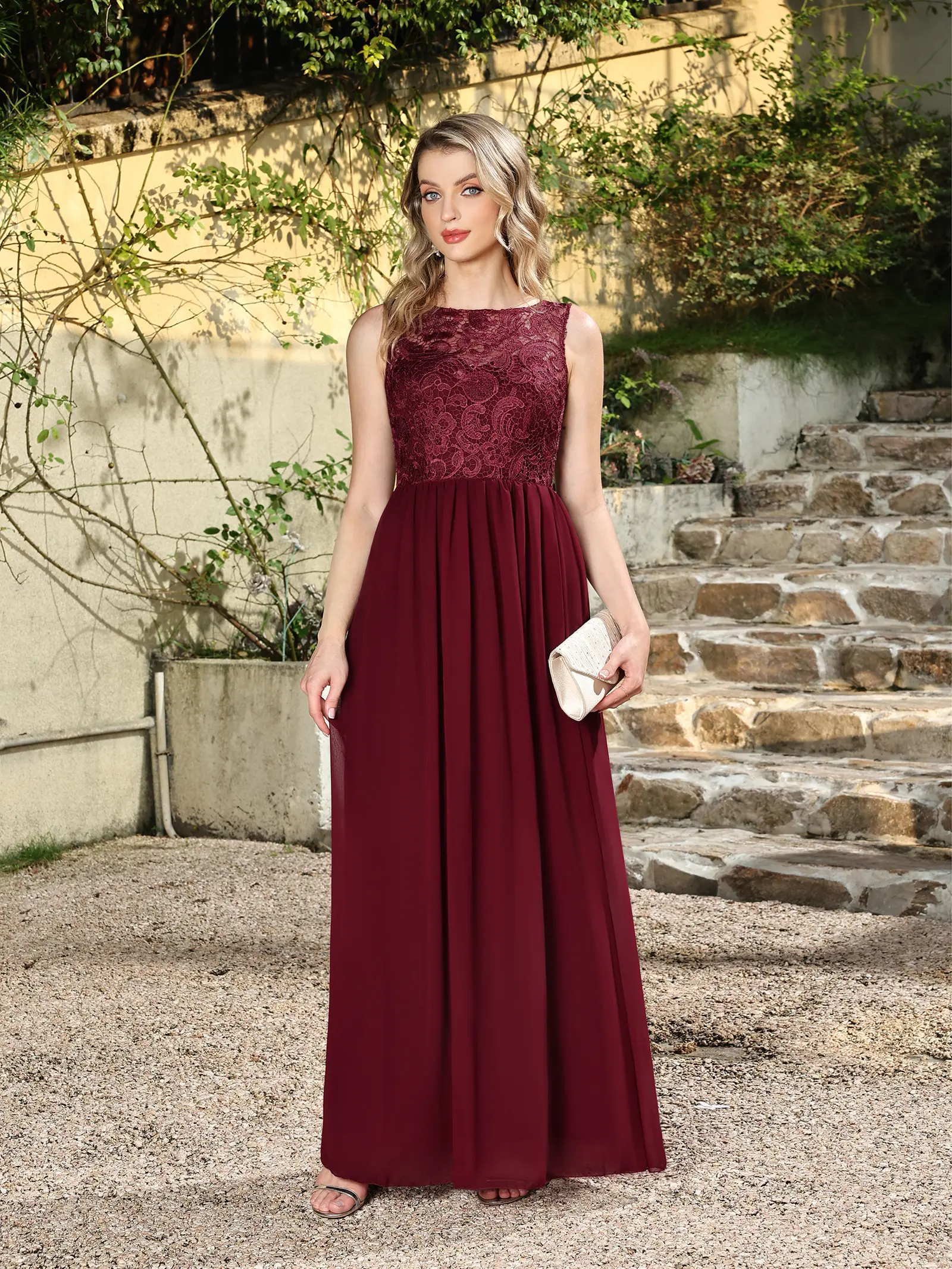 MisShow Burgundy Lace Evening Dresses O-Neck Sleeveless Sheer Back Prom Dress Chiffon A-Line Pleated Waist Floor-Length Vestidos