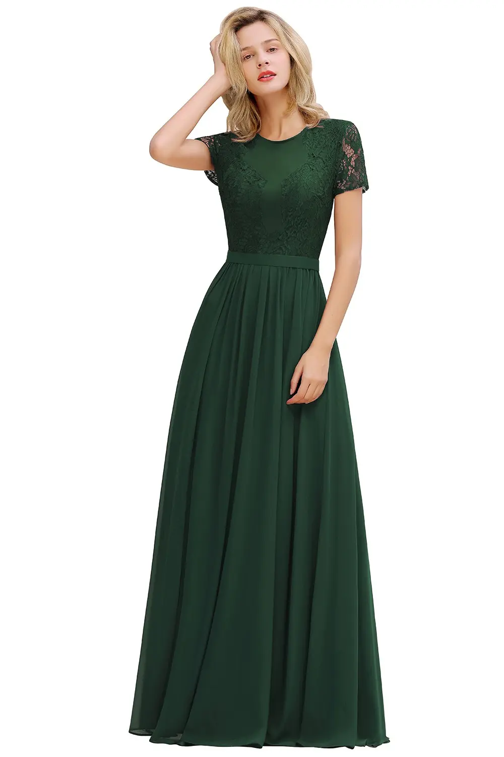 Elegant Lace Chiffon Long Evening Dresses A Line O Neck With Sashes Formal Wedding Evening Party Gowns For Bride Vestido De Gala