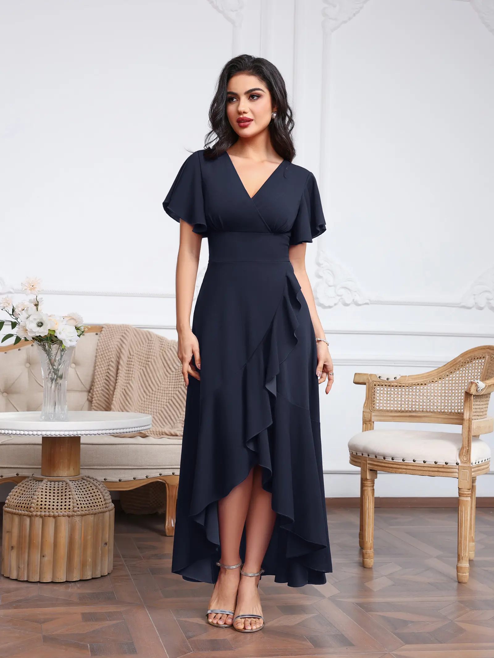 MisShow High-Low Evening Dresses Solid Color Cross V-Neck Ruffles Short Sleeve Prom Dress Asymmetry High Split Formal Party Gown