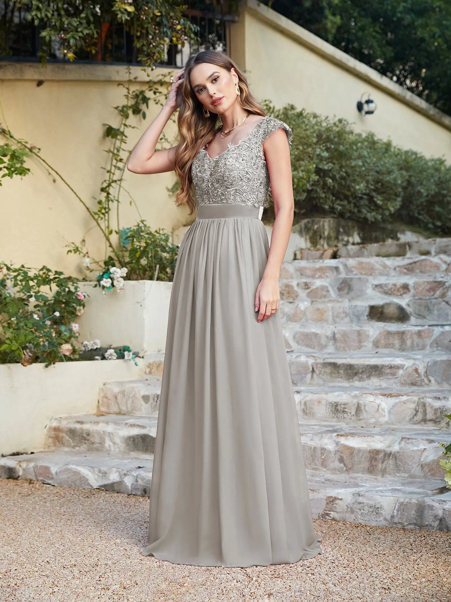 Chiffon Lace Bridesm Dresses Appliques Sequin With Sashes Wedding Floral Sexy Sleeveless Back Hollow Evening Party Prom Gowns