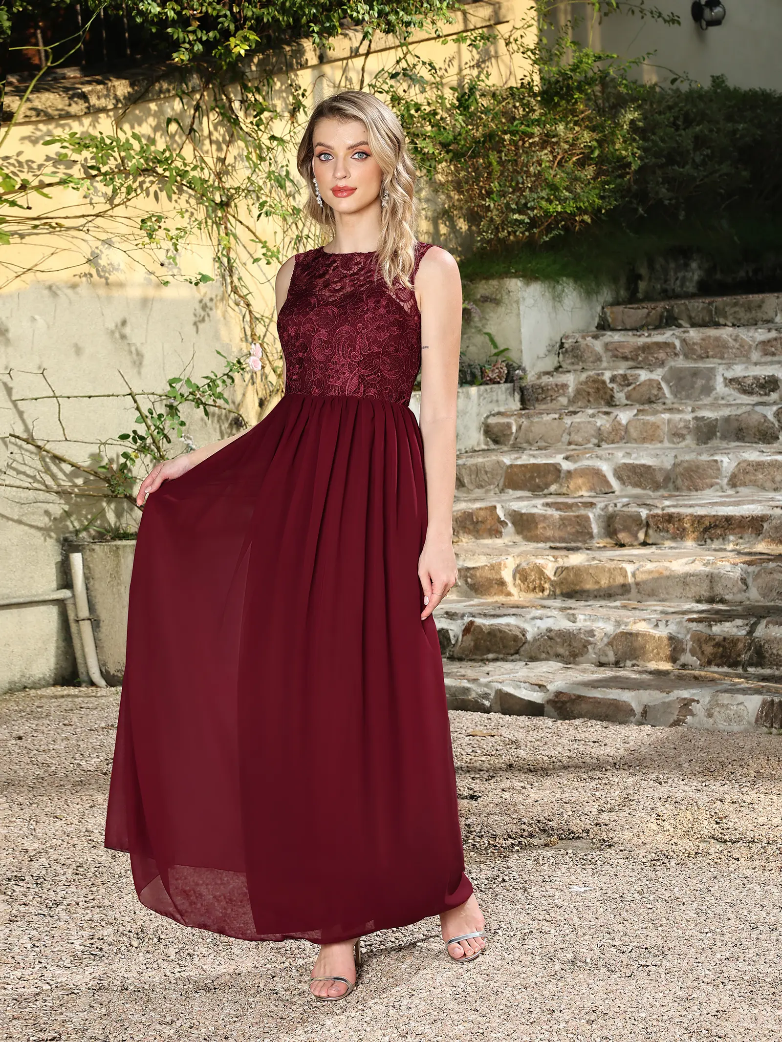 MisShow Burgundy Lace Evening Dresses O-Neck Sleeveless Sheer Back Prom Dress Chiffon A-Line Pleated Waist Floor-Length Vestidos