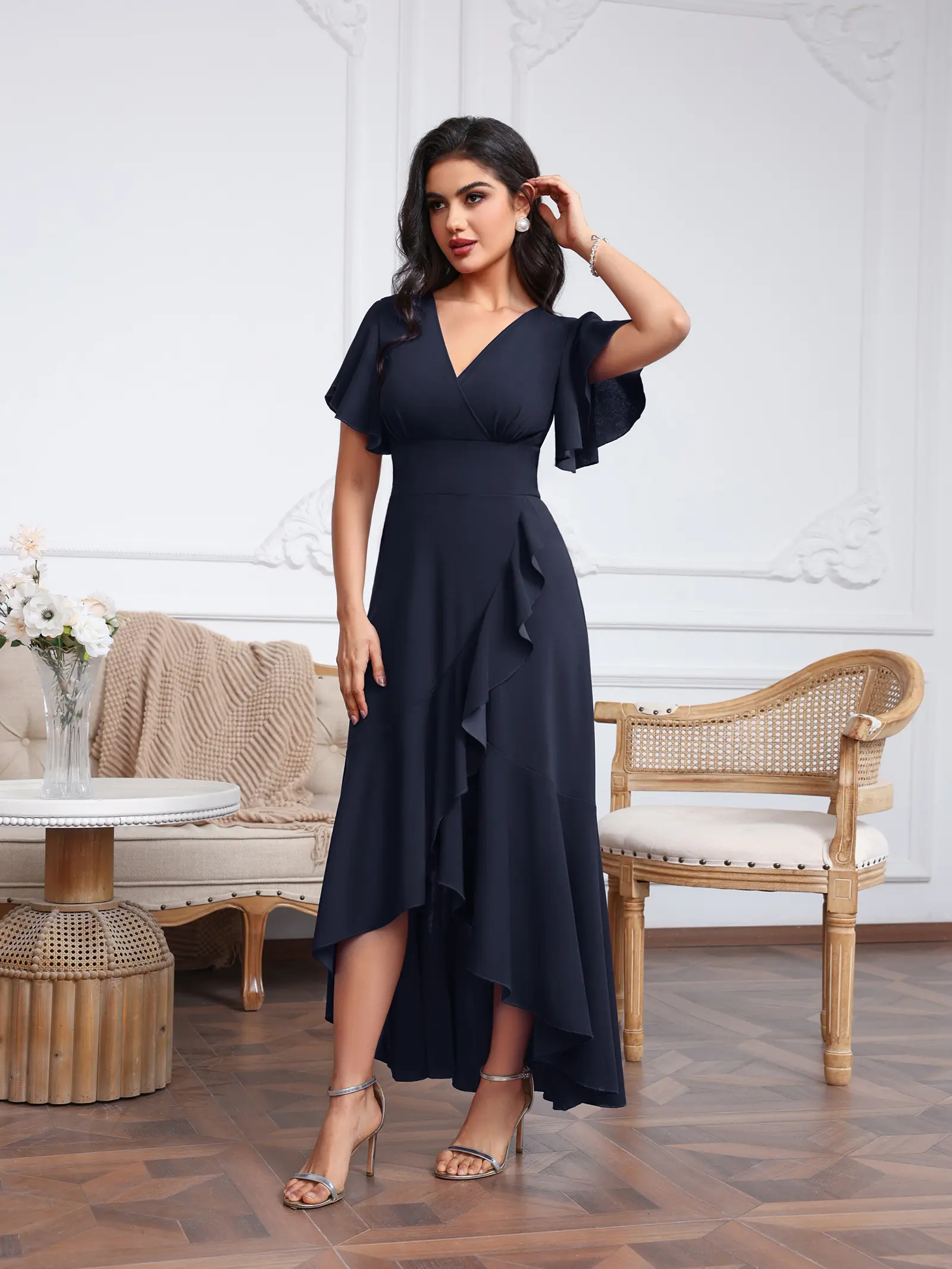 MisShow High-Low Evening Dresses Solid Color Cross V-Neck Ruffles Short Sleeve Prom Dress Asymmetry High Split Formal Party Gown