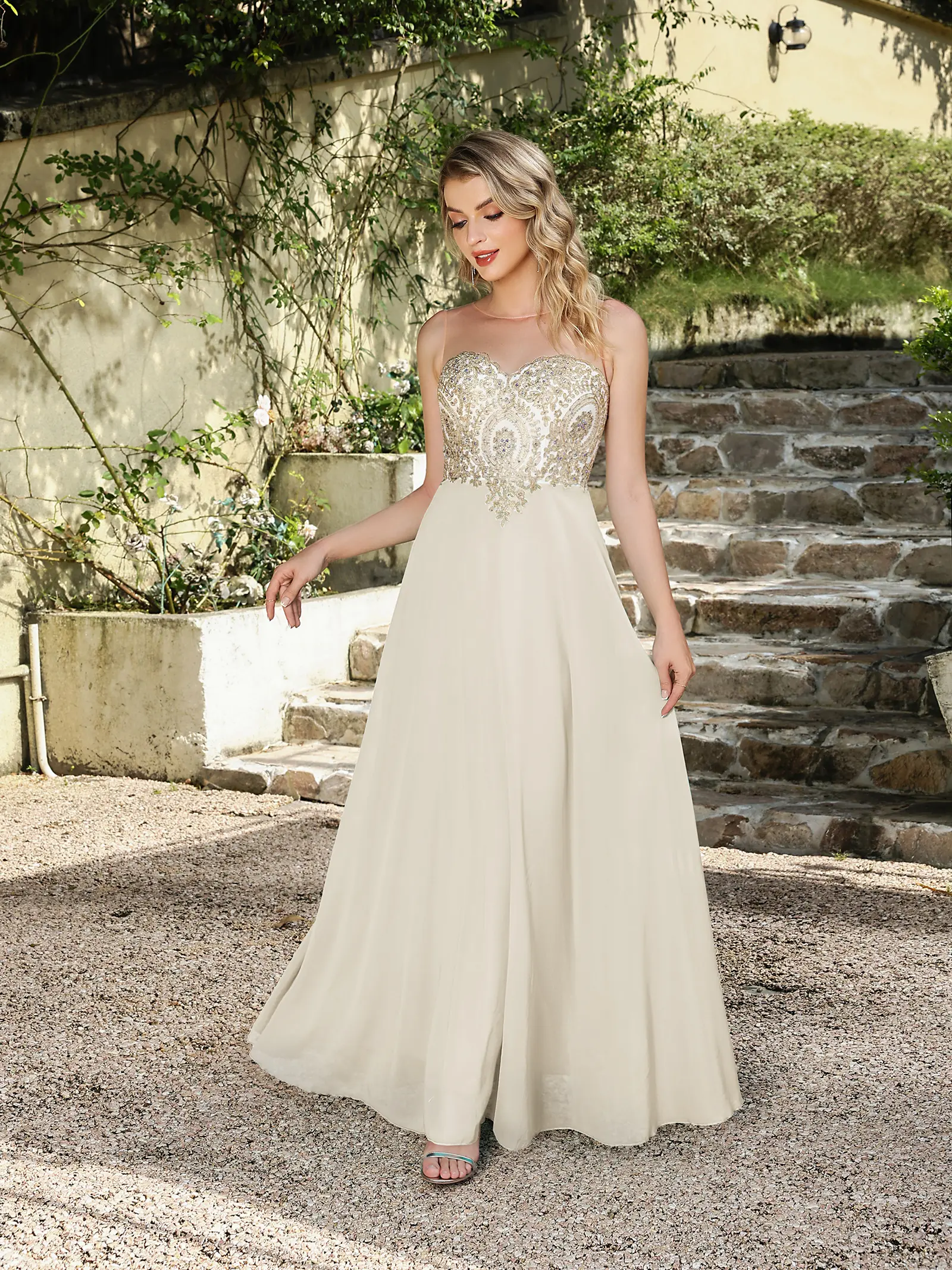 MisShow Women's Evening Dresses Sheer Illusion O-Neck Backless Sleeveless Prom Dress Sequins Appliques A-Line Empire Long Gowns