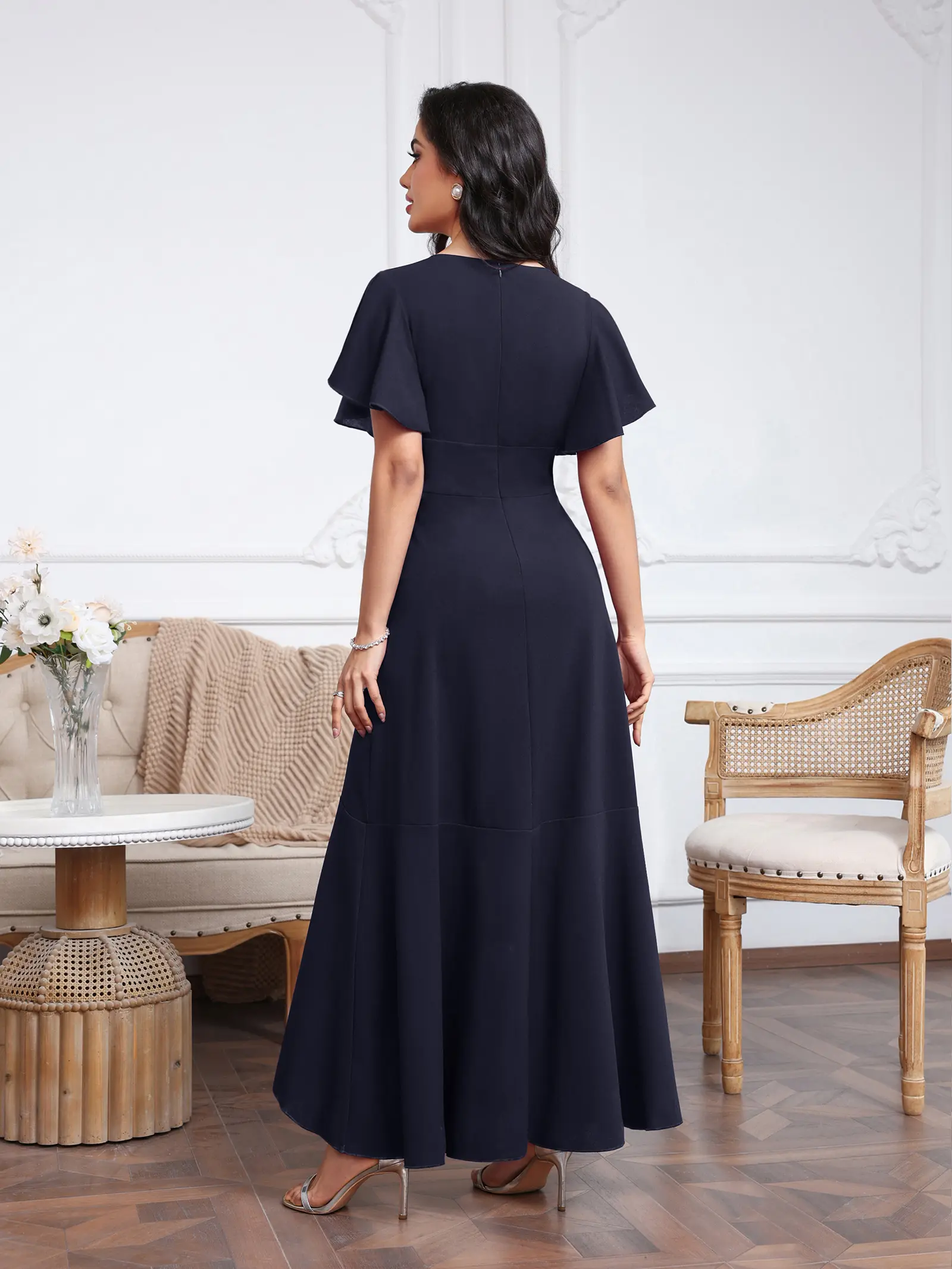 MisShow High-Low Evening Dresses Solid Color Cross V-Neck Ruffles Short Sleeve Prom Dress Asymmetry High Split Formal Party Gown