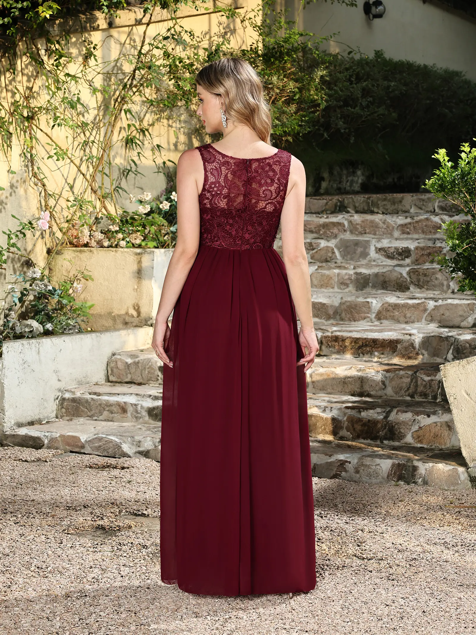 MisShow Burgundy Lace Evening Dresses O-Neck Sleeveless Sheer Back Prom Dress Chiffon A-Line Pleated Waist Floor-Length Vestidos