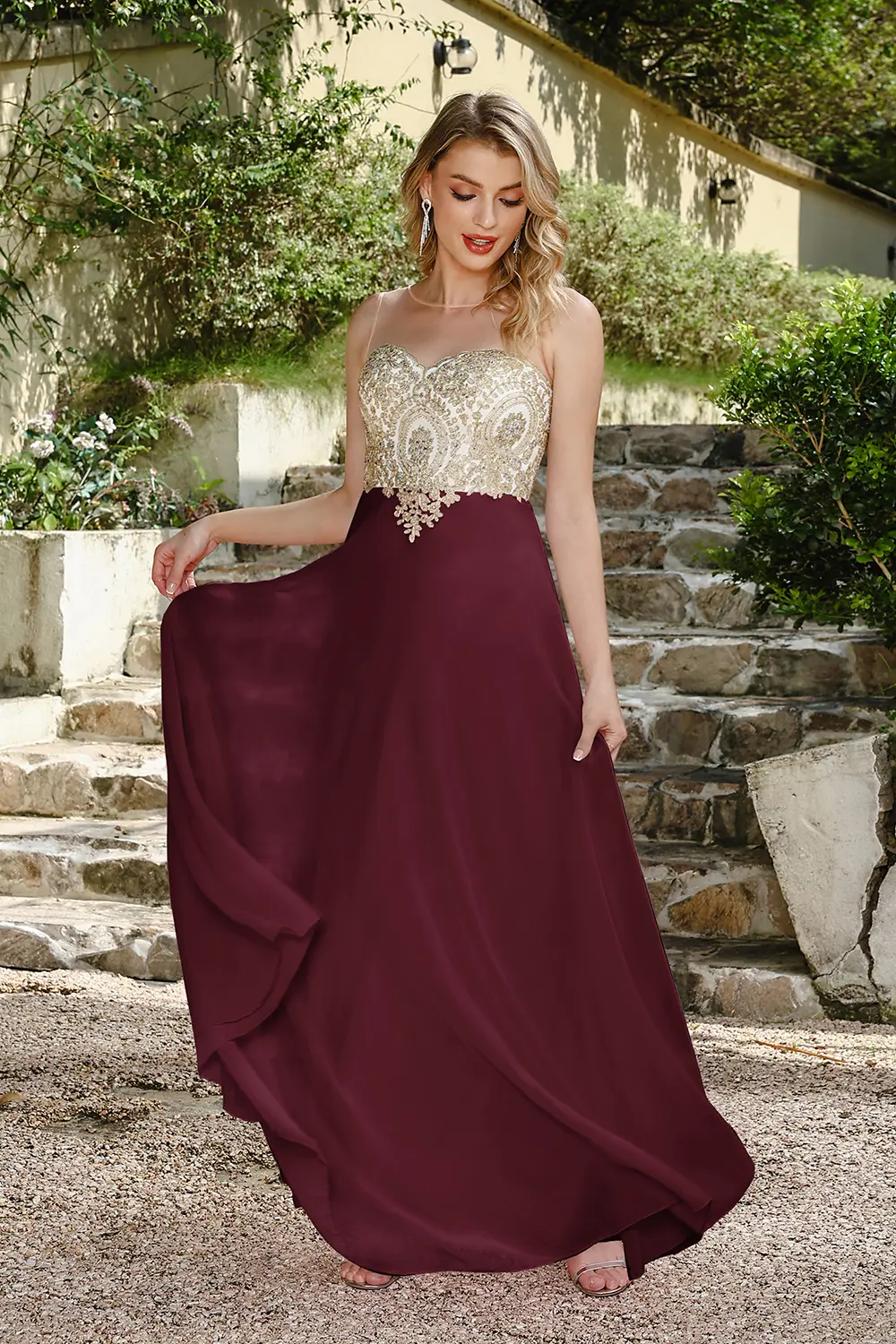 MisShow Sleeveless Evening Dresses Sexy Illusion O-Neck Backless Sequins Appliques Prom Dress A-Line Floor-Length Party Gowns