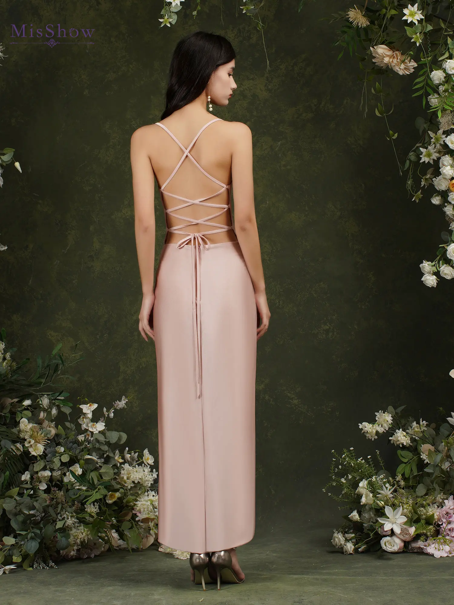 Spaghetti Straps Pleat Bridesmaid Dresses Satin Asymmetrical Split Side Lace Up Formal Evening Wedding Party Prom Gown Vestidos