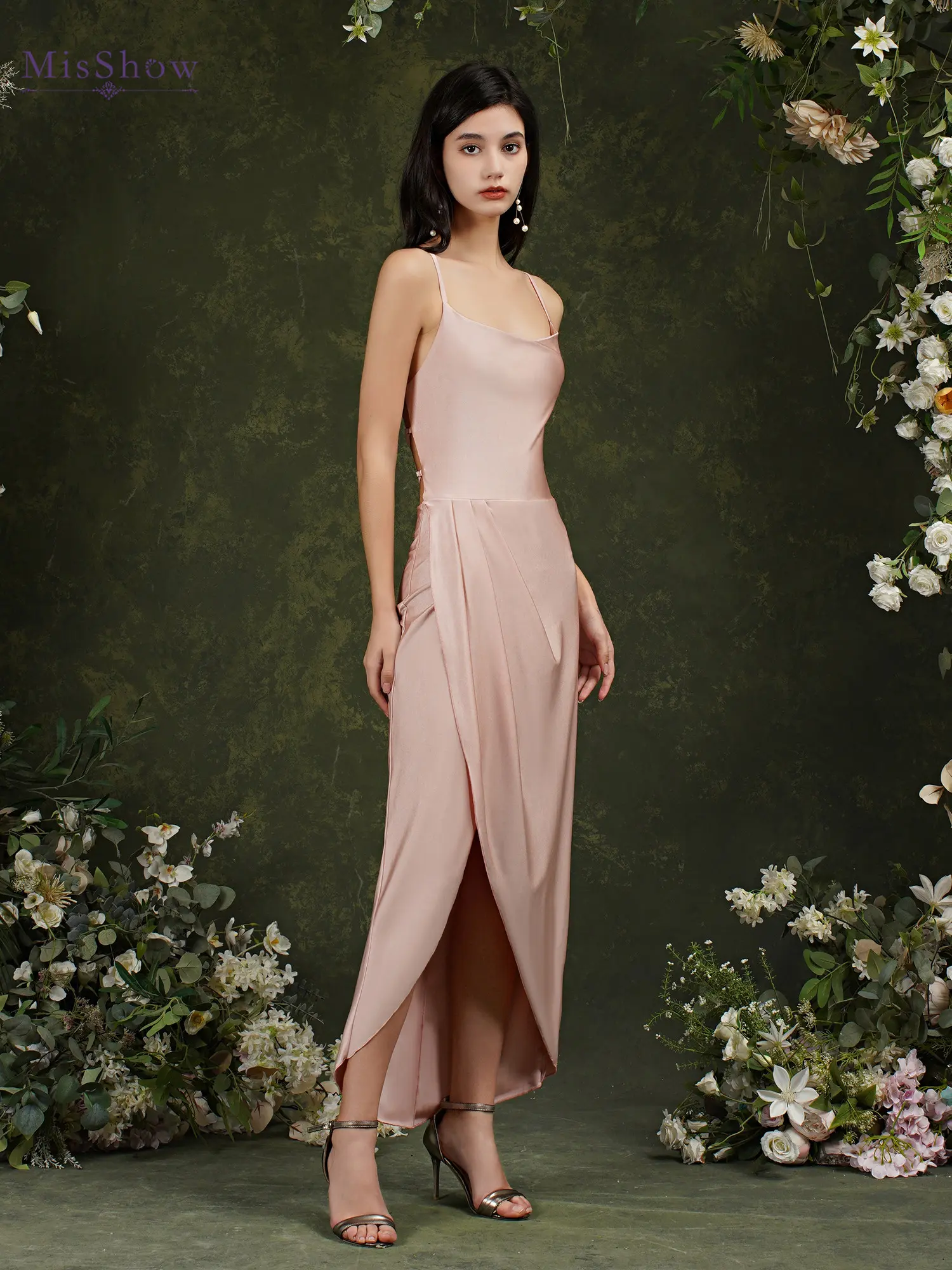 Spaghetti Straps Pleat Bridesmaid Dresses Satin Asymmetrical Split Side Lace Up Formal Evening Wedding Party Prom Gown Vestidos