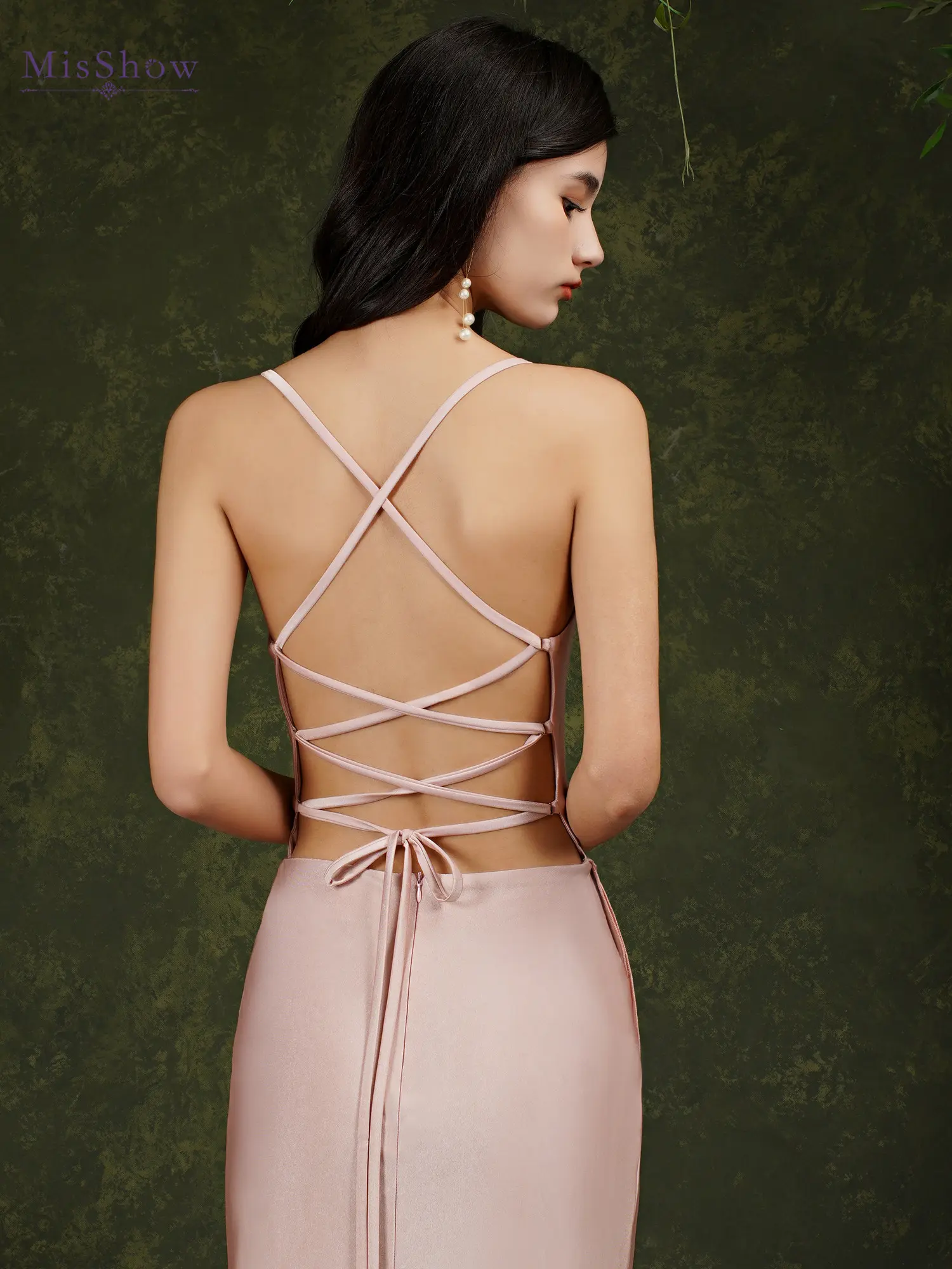 Spaghetti Straps Pleat Bridesmaid Dresses Satin Asymmetrical Split Side Lace Up Formal Evening Wedding Party Prom Gown Vestidos