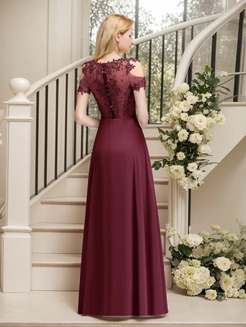 MisShow Elegant Evening Dress Beaded Appliques Illusion O-Neck Short Sleeve Prom Dress Sweetheart Collar A-Line Long Party Gowns