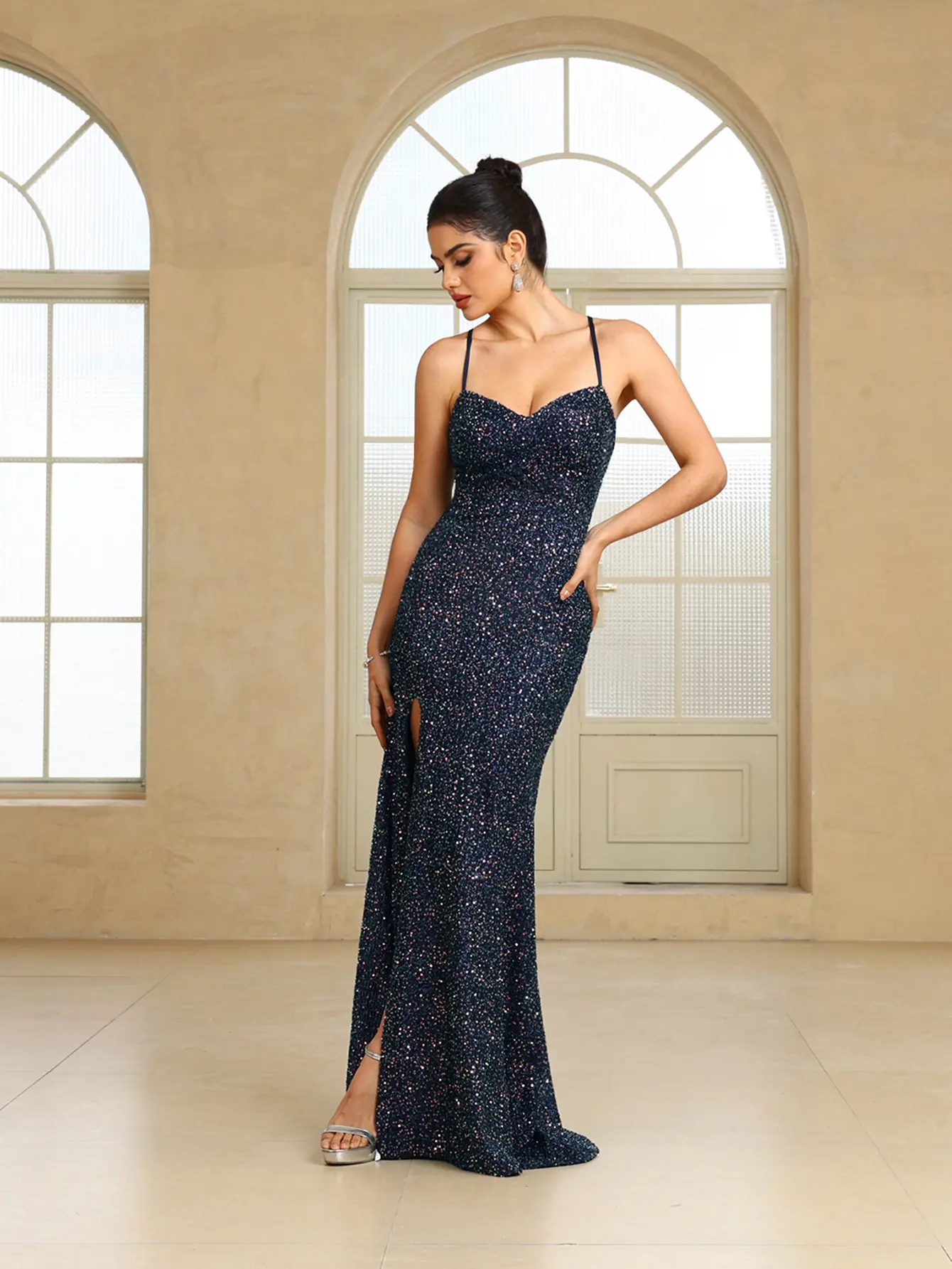 MisShow Sequins Prom Dresses Sexy Spaghetti Straps V-Neck Lace-Up Backless Sheath Evening Dress High Split Train Formal Vestidos