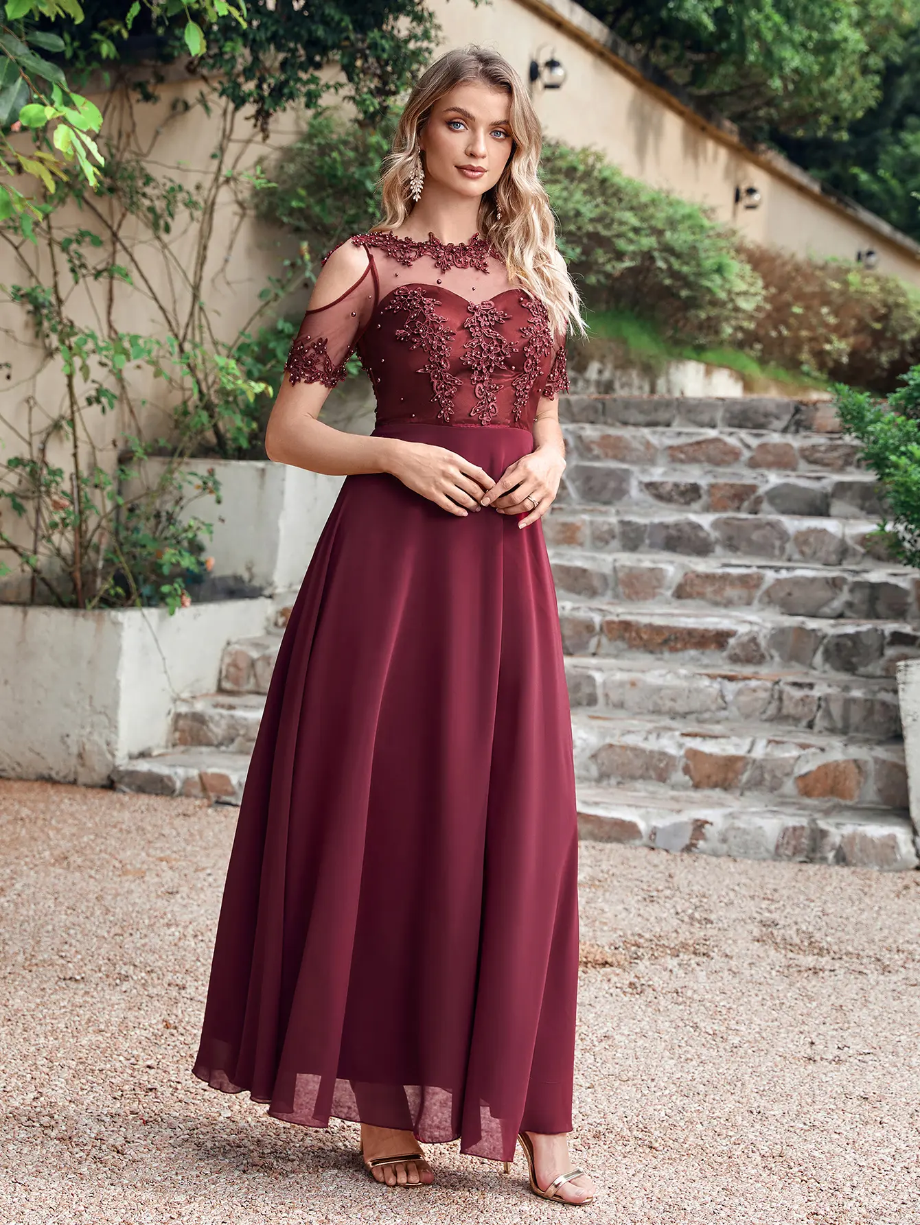MisShow Elegant Evening Dress Beaded Appliques Illusion O-Neck Short Sleeve Prom Dress Sweetheart Collar A-Line Long Party Gowns