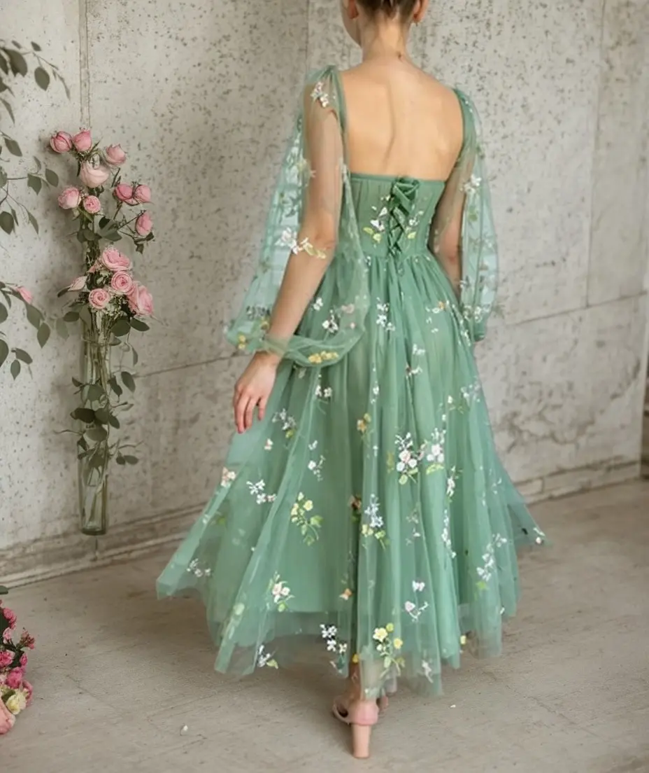MisShow Green Evening Dress Floral Embroidery Tulle Puff Sleeves Square Collar Gowns A Line Ankle-Length Formal Occasion Dresses