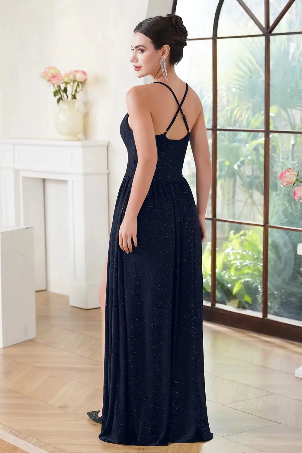MisShow Sexy Sling Prom Dresses Navy Blue Spaghetti Straps Deep V-Neck Backless Evening Dress Sparkling A-Line High Split Gowns