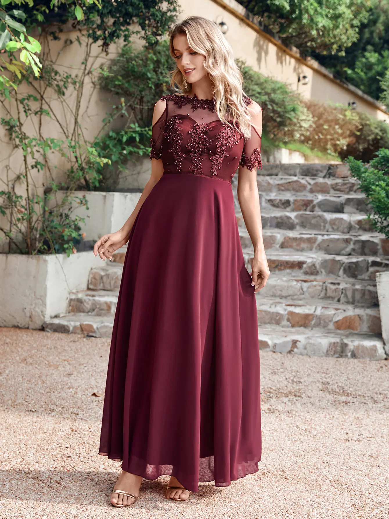 MisShow Elegant Evening Dress Beaded Appliques Illusion O-Neck Short Sleeve Prom Dress Sweetheart Collar A-Line Long Party Gowns