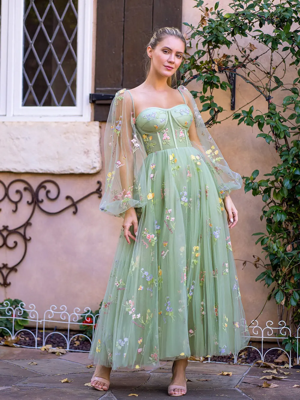 MisShow Green Evening Dress Floral Embroidery Tulle Puff Sleeves Square Collar Gowns A Line Ankle-Length Formal Occasion Dresses