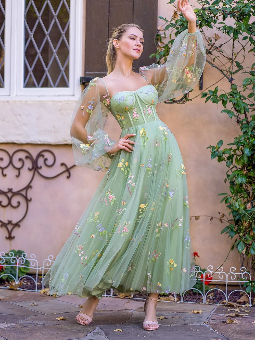 MisShow Green Evening Dress Floral Embroidery Tulle Puff Sleeves Square Collar Gowns A Line Ankle-Length Formal Occasion Dresses