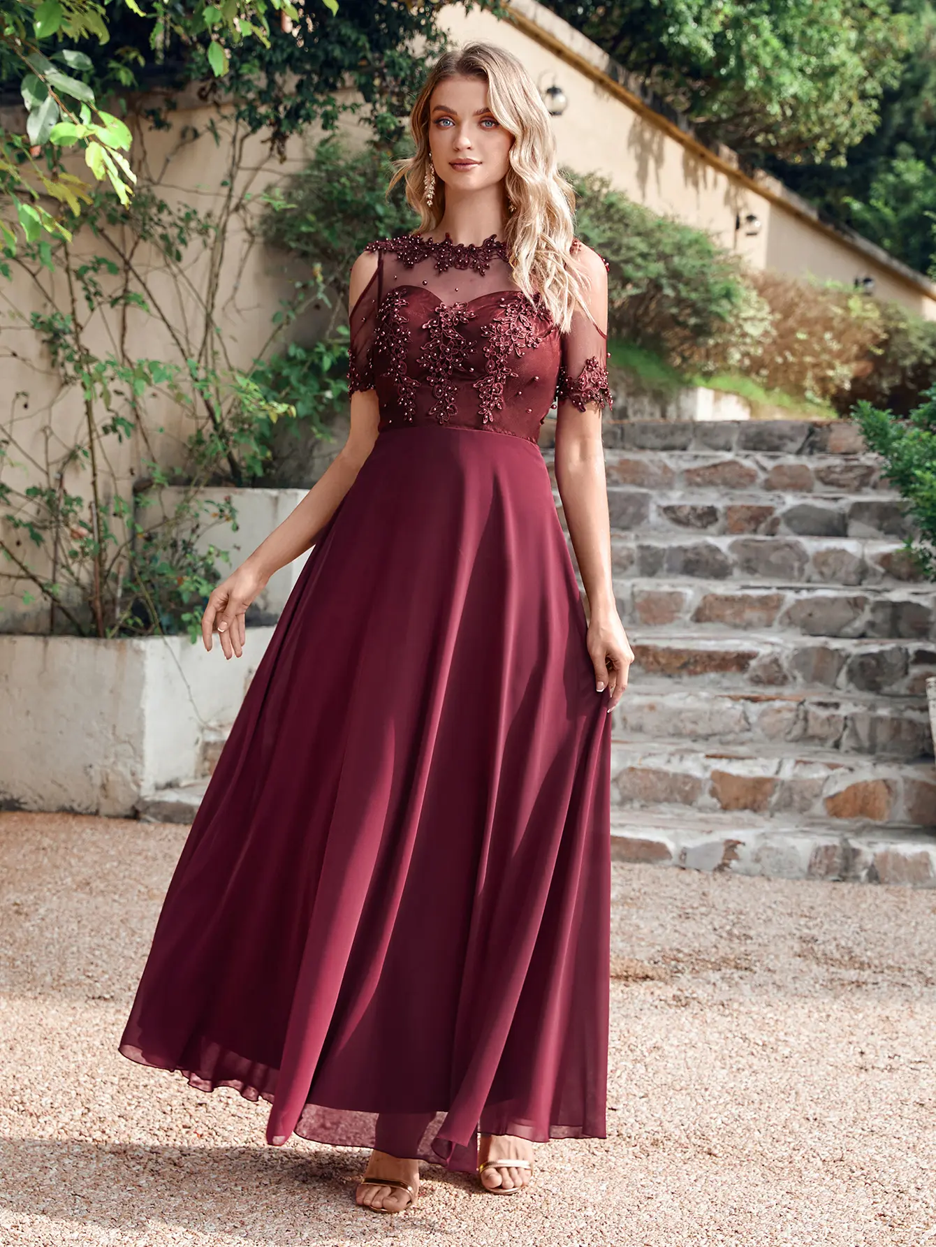 MisShow Elegant Evening Dress Beaded Appliques Illusion O-Neck Short Sleeve Prom Dress Sweetheart Collar A-Line Long Party Gowns