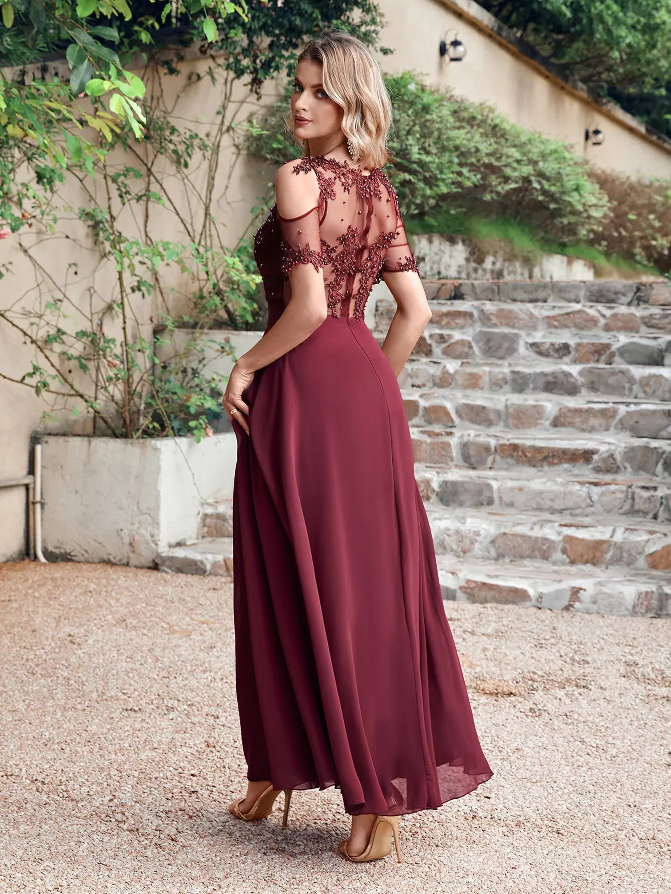 MisShow Elegant Evening Dress Beaded Appliques Illusion O-Neck Short Sleeve Prom Dress Sweetheart Collar A-Line Long Party Gowns