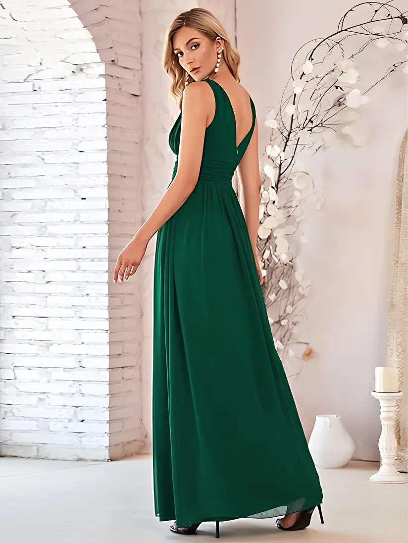 MisShow Pleated Evening Dress Sexy V-Neck Backless Sleeveless Empire Prom Dresses Chiffon A-Line Summer Formal Party Long Gowns