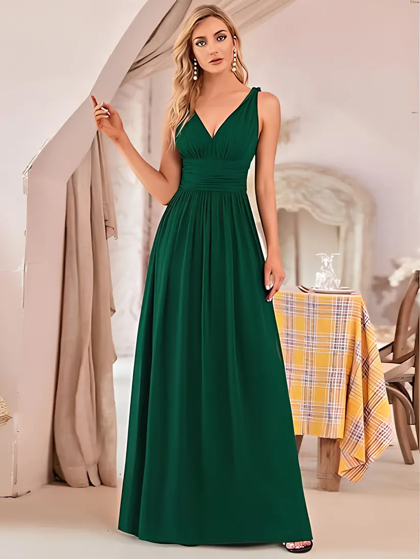 MisShow Pleated Evening Dress Sexy V-Neck Backless Sleeveless Empire Prom Dresses Chiffon A-Line Summer Formal Party Long Gowns