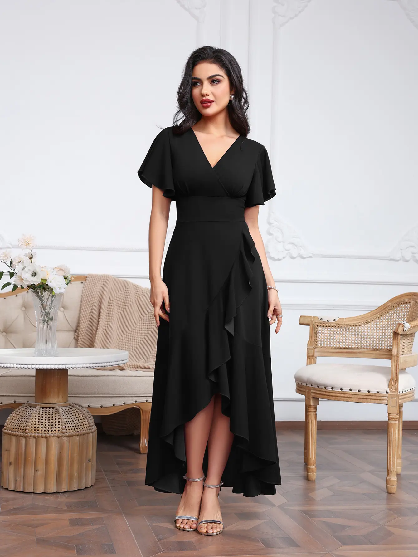 MisShow Irregular Evening Dresses Ruffles Tulle Short Sleeve Cross V-Neck Prom Dress Asymmetric High-Low A-Line Split Party Gown