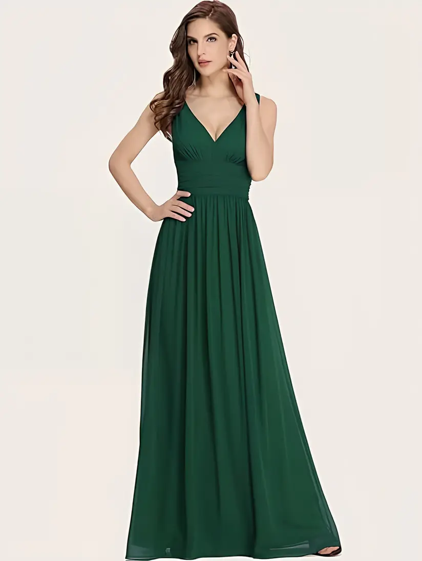 MisShow Pleated Evening Dress Sexy V-Neck Backless Sleeveless Empire Prom Dresses Chiffon A-Line Summer Formal Party Long Gowns
