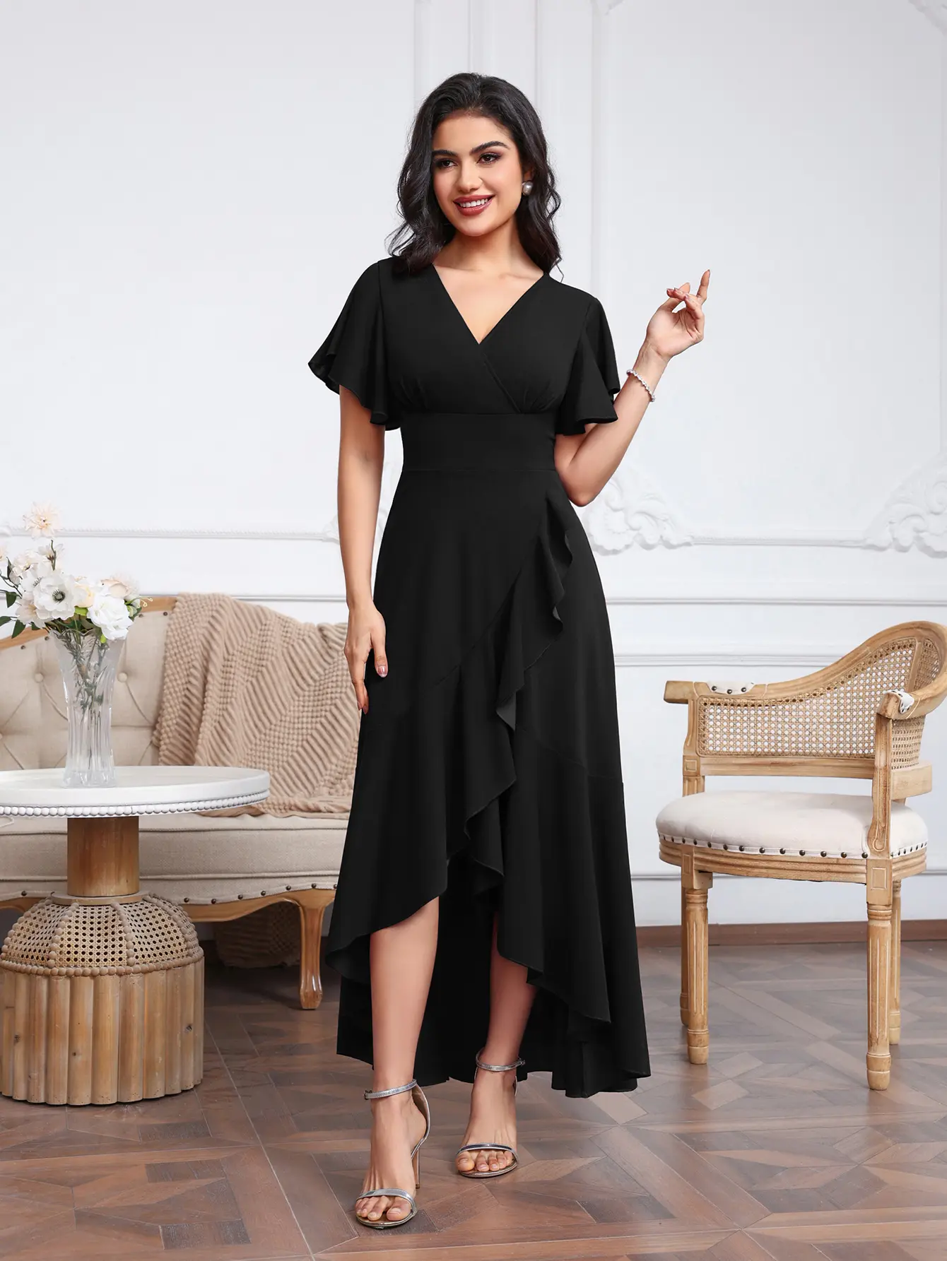 MisShow Irregular Evening Dresses Ruffles Tulle Short Sleeve Cross V-Neck Prom Dress Asymmetric High-Low A-Line Split Party Gown