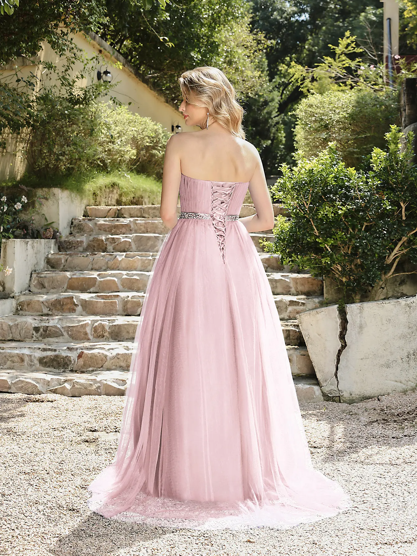 MisShow Strapless Wedding Dresses Pink Sweetheart Neck Lace-up Backless Evening Dress A-Line Empire Sequin Belt Train Party Gown