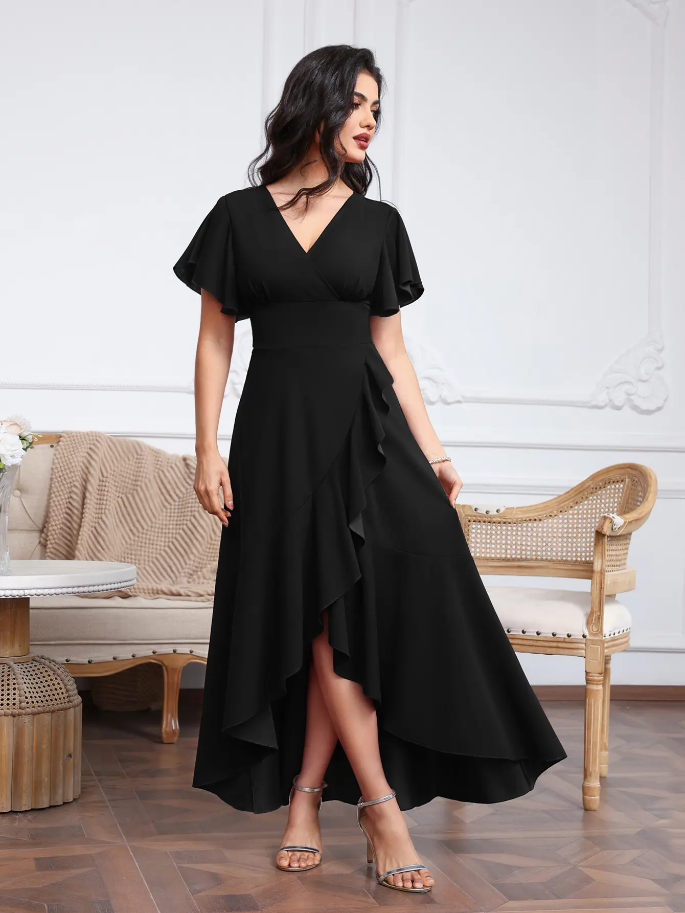 MisShow Irregular Evening Dresses Ruffles Tulle Short Sleeve Cross V-Neck Prom Dress Asymmetric High-Low A-Line Split Party Gown