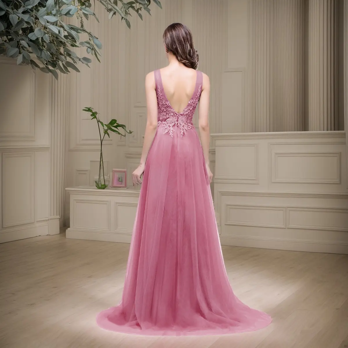 MisShow Long Train Evening Dresses Sheer O-Neck Lace Appliques Sleeveless Backless Prom Dress Empire Tulle Formal Wedding Gowns