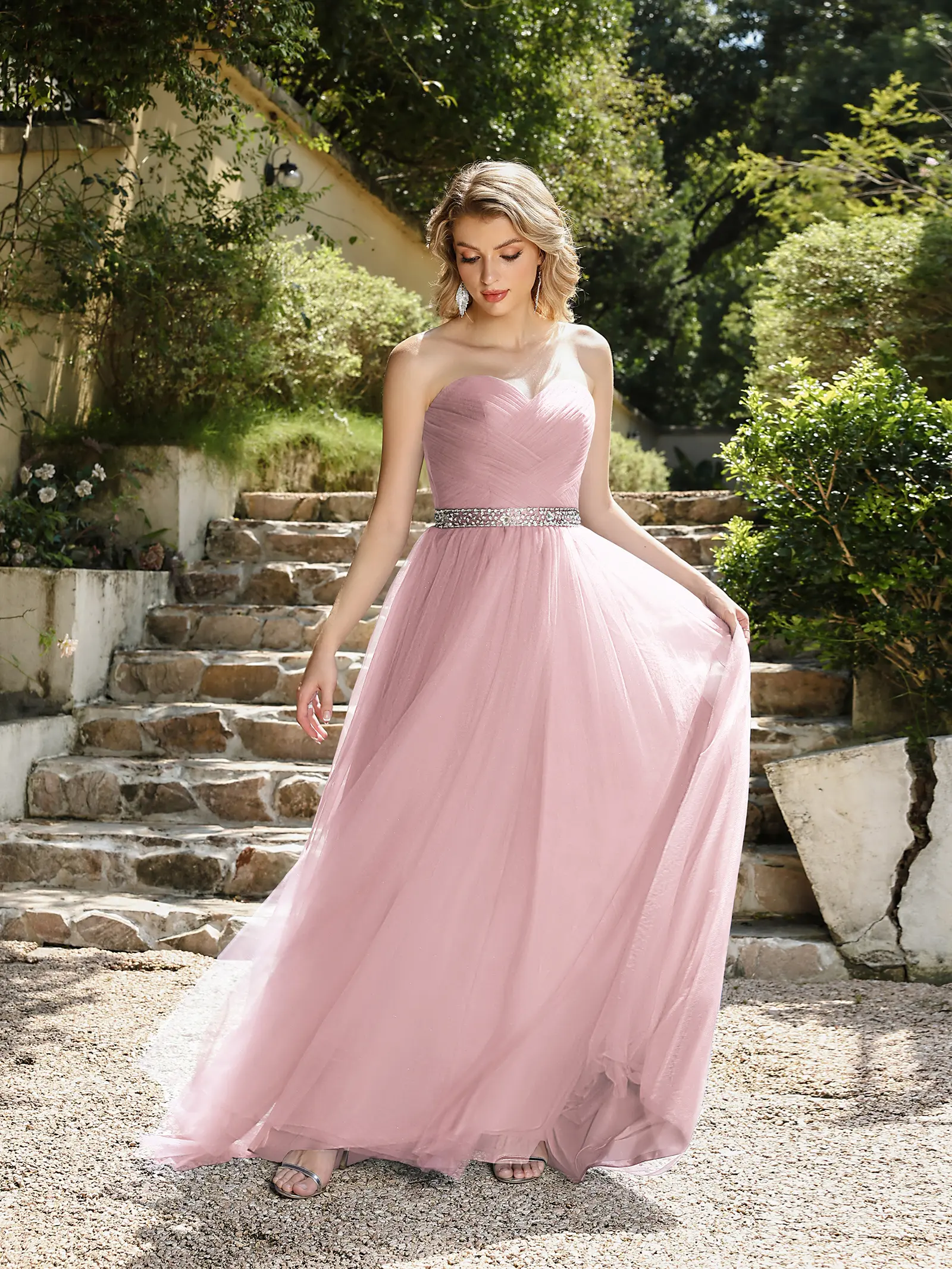 MisShow Strapless Wedding Dresses Pink Sweetheart Neck Lace-up Backless Evening Dress A-Line Empire Sequin Belt Train Party Gown