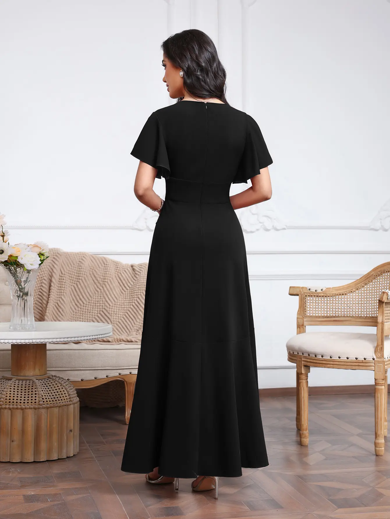 MisShow Irregular Evening Dresses Ruffles Tulle Short Sleeve Cross V-Neck Prom Dress Asymmetric High-Low A-Line Split Party Gown