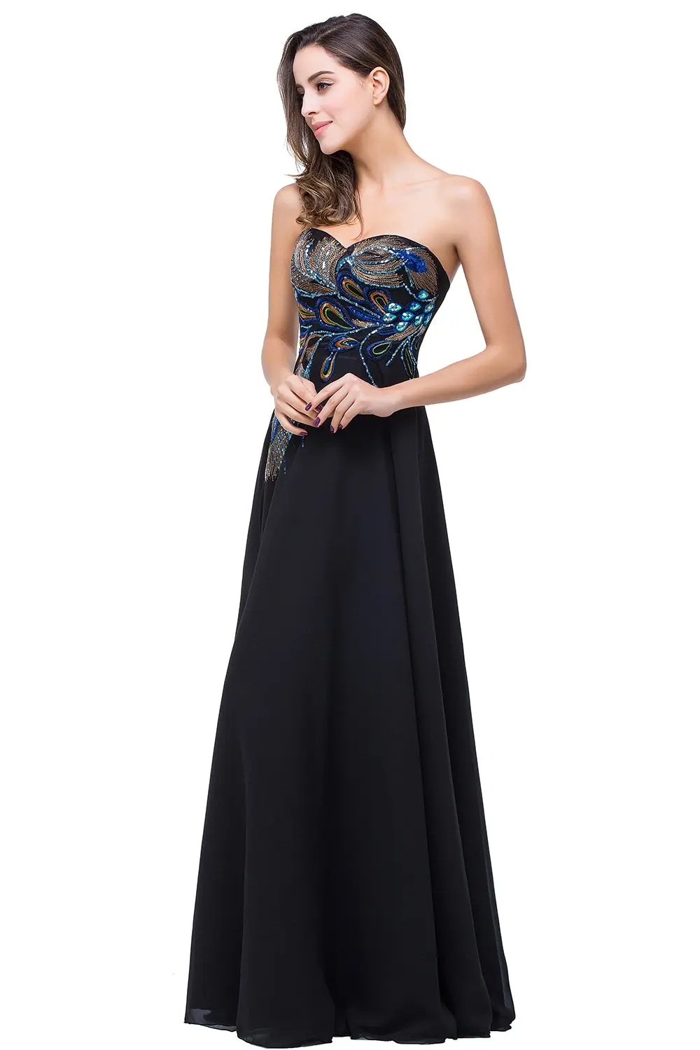 Luxury Sequin Embroidery Evening Dresses Strapless Chiffon Peacock Crystal Sexy Backless Formal Party Prom Gown Vestido De Festa