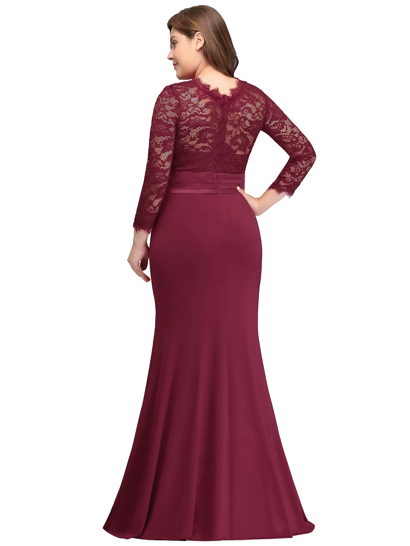 MisShow Lace Mermaid Evening Dresses Burgundy Elegant 3/4 Sleeve Empire Prom Dress Formal Occasion Party Gowns Robe De Soiree