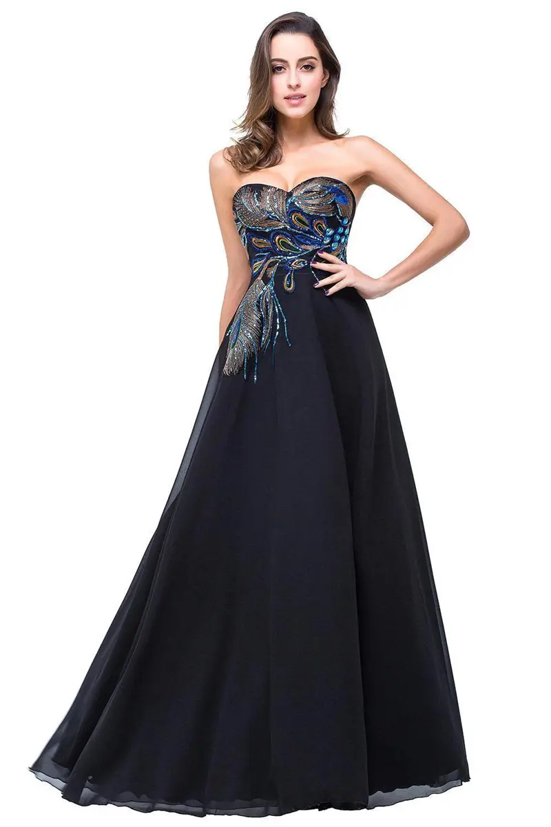 Luxury Sequin Embroidery Evening Dresses Strapless Chiffon Peacock Crystal Sexy Backless Formal Party Prom Gown Vestido De Festa