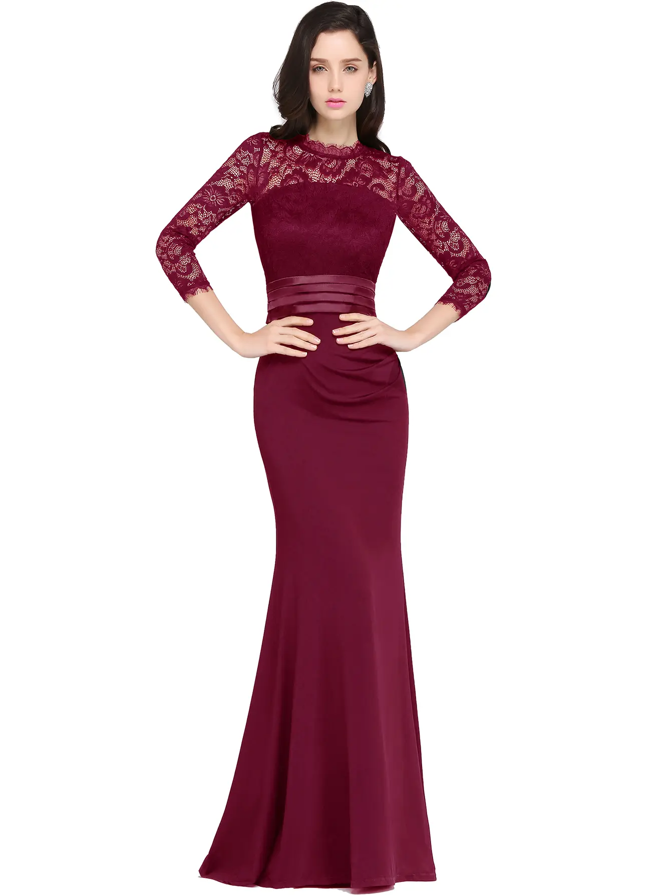 MisShow Lace Mermaid Evening Dresses Burgundy Elegant 3/4 Sleeve Empire Prom Dress Formal Occasion Party Gowns Robe De Soiree