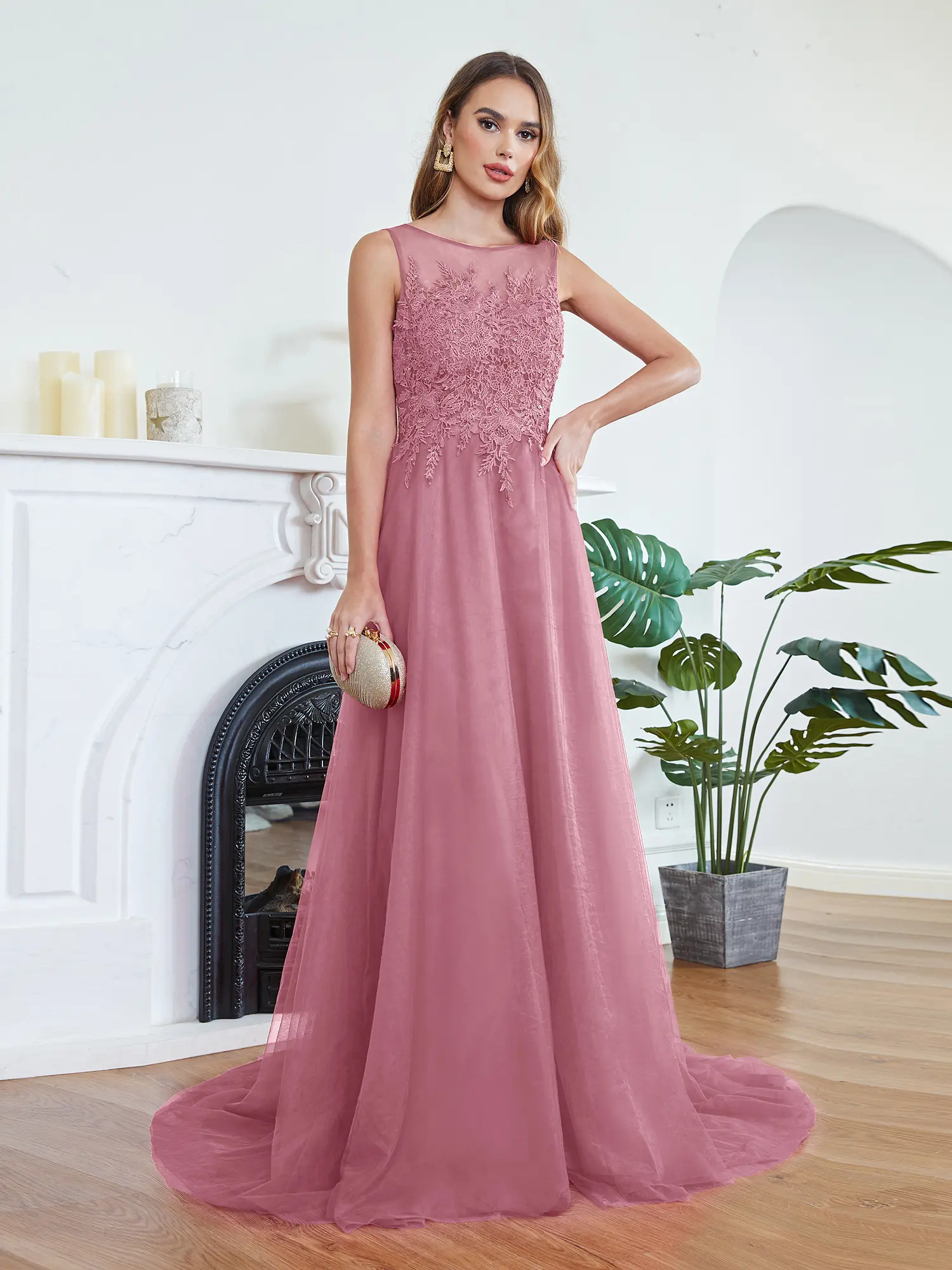 MisShow Long Train Evening Dresses Sheer O-Neck Lace Appliques Sleeveless Backless Prom Dress Empire Tulle Formal Wedding Gowns
