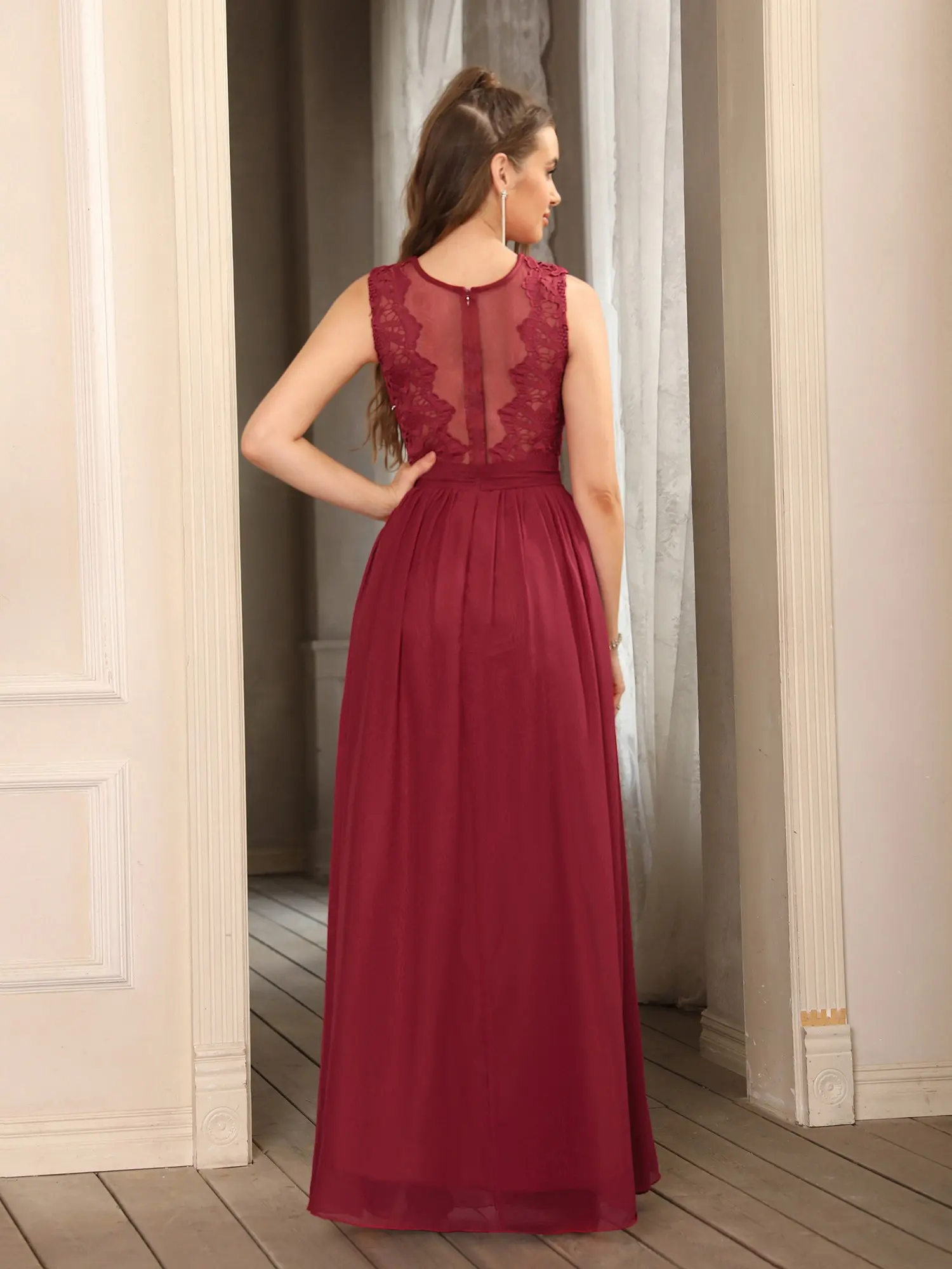Chiffon Lace Bridesmaid Dresses Burgundy Wedding Maid Of Honor Sleeveless Bridal Cocktail Formal Party Prom Gown Vestido De Gala